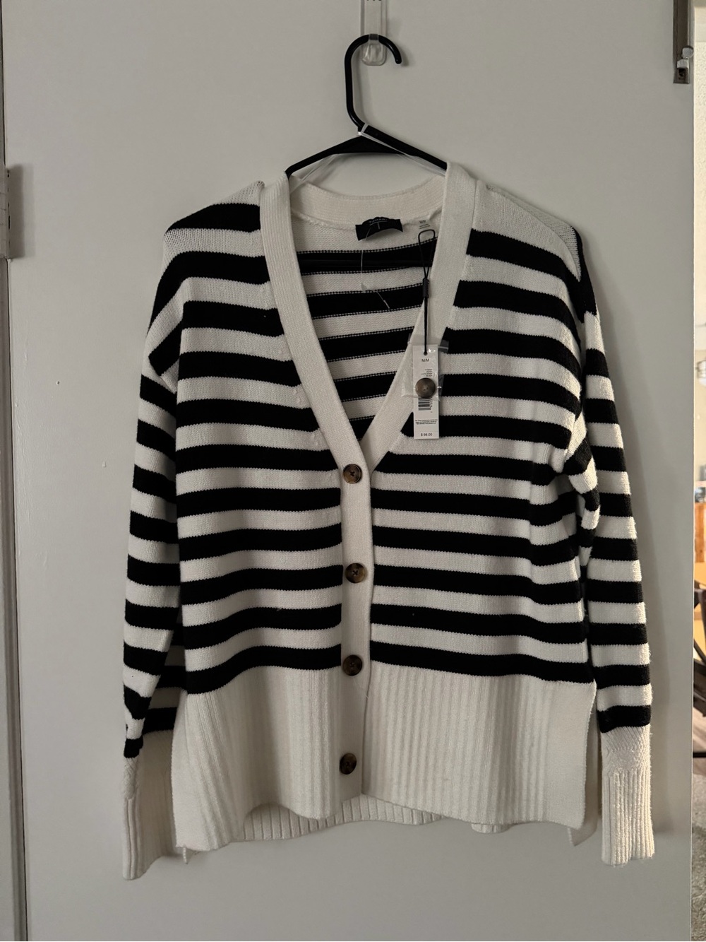 T Tahari Black and White Striped V-Neck Button Cardigan